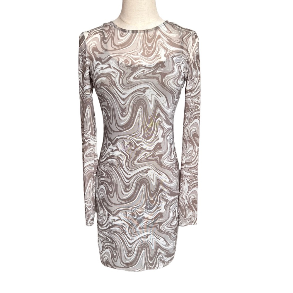 Forever 21 Olive Stone Mesh Marble Swirl Long Sleeve Bodycon Mini Dress Size M